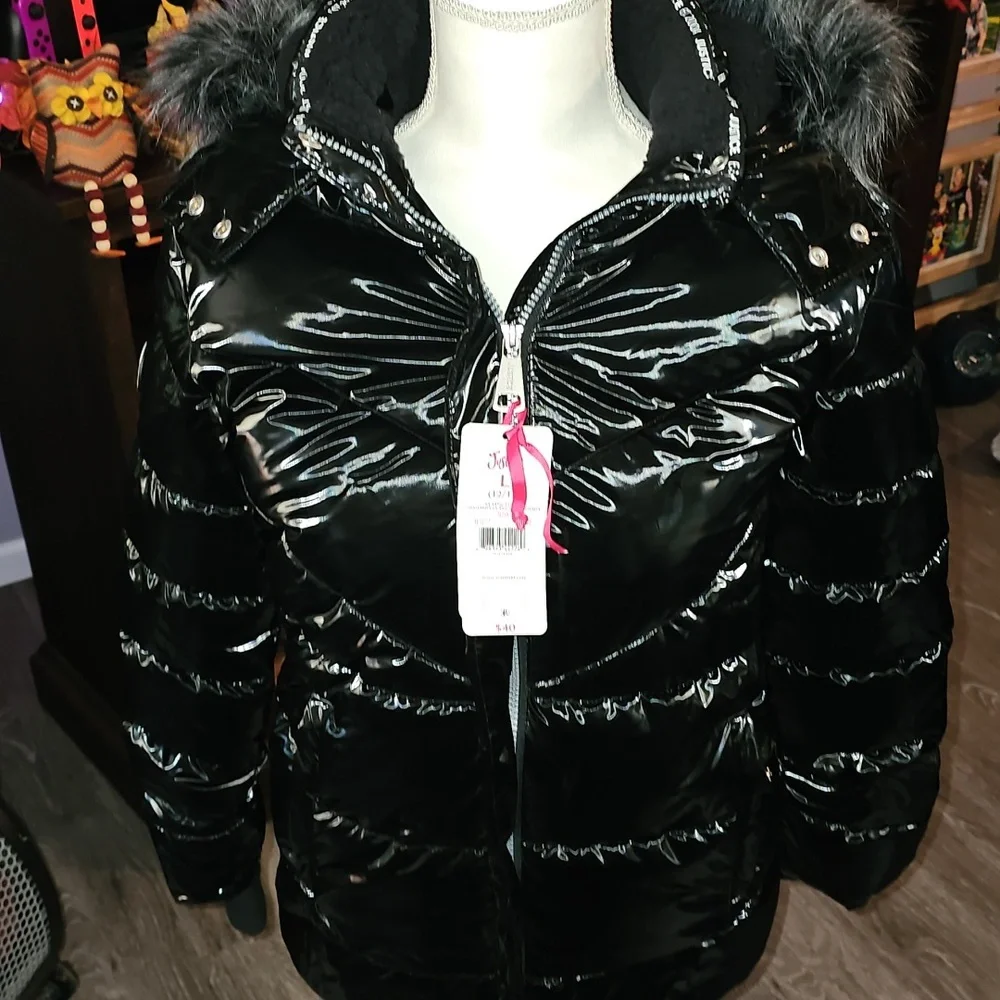JUSTICE Girls Nwts winter jacket. Sz large 12/14. Black & fur hood!! BLACK!!